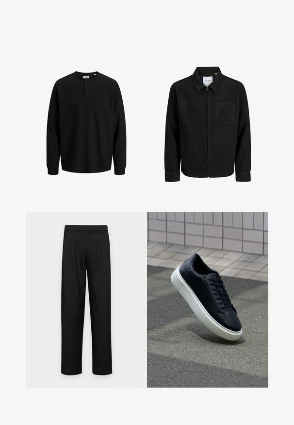 Chaqueta negra con cremallera y cuello, con un solo bolsillo en el pecho, expuesta sobre un fondo blanco.; Camiseta henley de manga larga negra con textura de canalé, tres botones en el escote y un dobladillo recto. Confeccionada en una tela suave.; Pantalones negros de tela suave, con un diseño de pierna recta, dos pliegues frontales y una cintura estándar con trabillas para el cinturón.; Zapatilla de cuero negro con punta redonda y suela de goma blanca. Presenta cordones planos y un mínimo de costuras en la parte superior. Suela texturizada para proporcionar agarre.