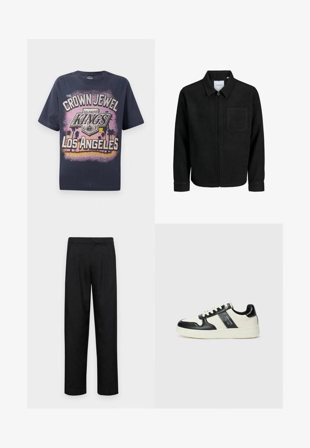Zwarte zip-up jas met kraag en enkele borstzak, weergegeven op een witte achtergrond.; Marineblauwe katoenen T-shirt met een grafische bedrukking waarop de tekst "CROWN JEWEL KINGS OF LOS ANGELES" staat, vergezeld van silhouetten van palmbomen.; Zwarte broeken van gladde stof, met een recht model, twee voorknikken en een standaard tailleband met riemlussen.; Leren sneakers met een zwart en crèmekleurig kleurenschema, voorzien van geperforeerde accenten, een gevoerde kraag en een gestructureerde buitenzool.