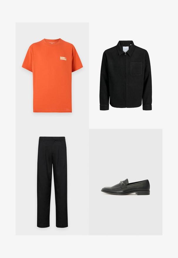 Fekete, zipzáros dzseki gallérral és egyetlen mellzsebbel, fehér háttéren.; Rövid ujjú, narancssárga pamut póló, bal mellen egy apró fehér "SAINT-TROPEZ" logóval. Egyenes szabású és puha tapintású.; Fekete nadrág sima anyagból, egyenes szárú fazonnal, két elülső redővel és közönséges derékkal, övhurkokkal.; Fekete bőr loaferek sima felülettel, varrott mintával és díszítő fém lánccal a cipő elején. Lapos sarok.