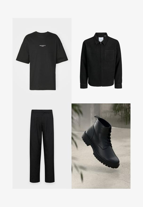 Sort lynlåsjakke med krave og en enkelt brystlomme, vist på hvid baggrund.; Sort kortærmet t-shirt lavet af bomuld, med et hvidt print "ORIGINALS est. 1970" på brystet, afslappet pasform og rund halsudskæring.; Sorte bukser lavet af glat stof, med et lige ben-design, to frontfolder og en standard talje med bæltestropper.; Sorte læder ankelstøvler med rund tå, snørebåndsdesign og robust gummisål. Glat tekstur med en løkke bagpå.