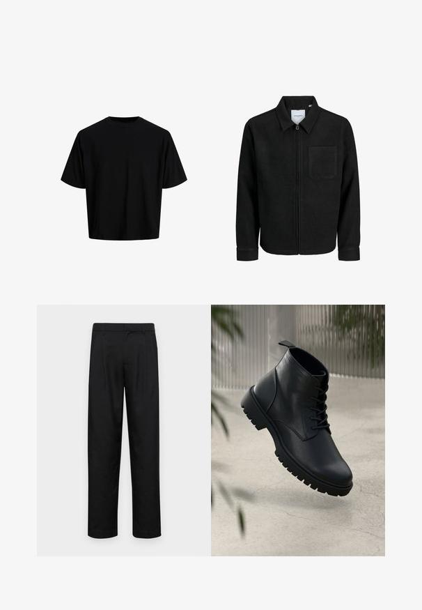 Black zip-up jacket with collar and single chest pocket, displayed on white background.; Black cropped t-shirt made of smooth cotton fabric. Features a round neck and short sleeves, with a simple, minimalist design.; Black trousers made of smooth fabric, featuring a straight-leg design, two front pleats, and standard waistband with belt loops.; Black leather ankle boots with a rounded toe, lace-up design, and rugged rubber sole. Smooth texture with a pull tab at the back.