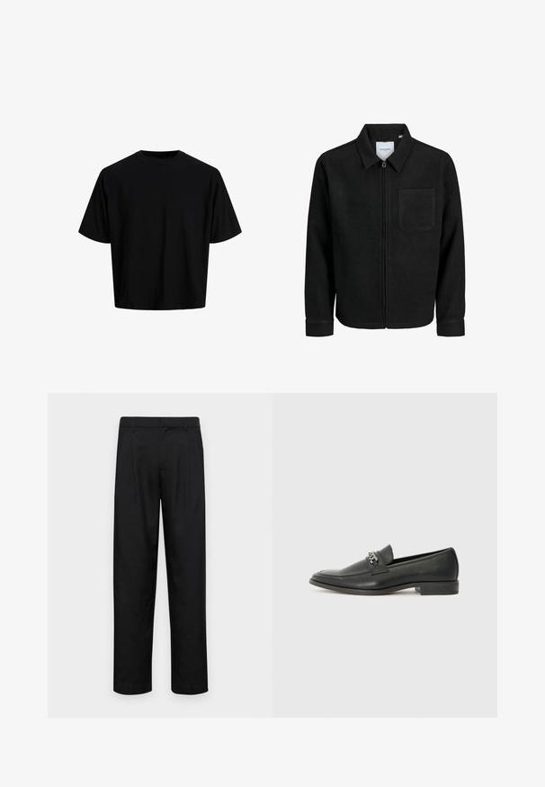 Black zip-up jacket with collar and single chest pocket, displayed on white background.; Black cropped t-shirt made of smooth cotton fabric. Features a round neck and short sleeves, with a simple, minimalist design.; Black trousers made of smooth fabric, featuring a straight-leg design, two front pleats, and standard waistband with belt loops.; Black leather loafer with a smooth finish, featuring a stitched design and a decorative metal chain accent across the vamp. Flat heel.