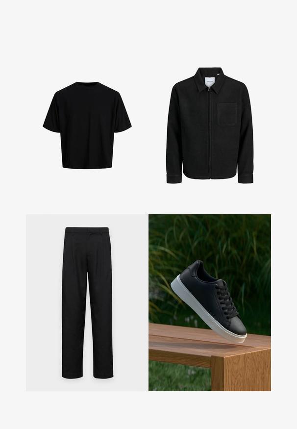 Musta vetoketjullinen takki, jossa on kaulus ja yksi rintatasku, esitelty valkoista taustaa vasten.; Lyhytn prenin musta t-paita, joka on valmistettu sileästä puuvillakankaasta. Siinä on pyöreä kaula-aukko ja lyhyet hihat, yksinkertainen ja minimalistinen muotoilu.; Mustat housut, jotka on valmistettu sileästä kankaasta, suoran lahkeen muotoilulla, kahdella etupleekillä ja tavanomaisella vyötäröllä, jossa on vyölenkit.; Musta nahkakengät, joissa on sileä pinta, valkoinen kumipohja ja kuusi aukkoa nauhoille, esillä puupinnalla.