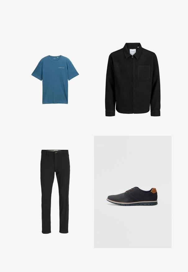 Sort lynlåsjakke med krave og en enkelt brystlomme, vist på hvid baggrund.; Blå bomulds T-shirt med korte ærmer og rund halsudskæring. Har et lille hvidt logo på venstre brystområde. Simpelt design, ingen mønstre.; Sorte bomuldsblandede bukser med slim fit, der har en knaplukning, lommer og opbrugte stumper for et afslappet udtryk.; Sorte syntetiske sko med en tekstureret overdel, glatte accenter, brun hæl og en kontrasterende sål. Har minimale snørebånd og syningsdetaljer.