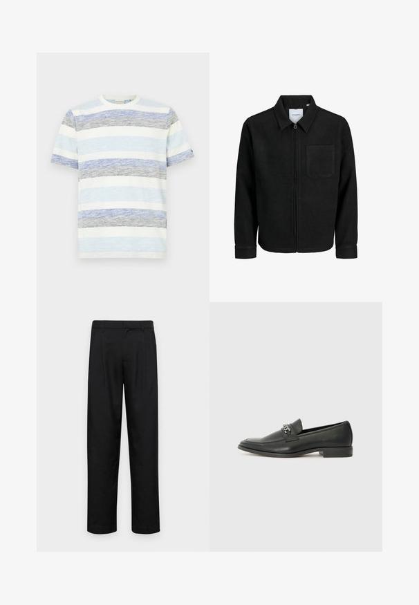 Melna jaka ar rāvējslēdzēju un apkakli, vienu krūšu kabatu, parādīta uz baltas fona.; Svītraina T-kreklu, kas izgatavots zilā, pelēkā un baltā krāsā, ar īsām piedurknēm, apaļu kakla izgriezumu un mīkstu, struktūras audumu.; Melnas bikses, izgatavotas no gludas auduma, ar taisnu kāju dizainu, divām priekšējām krokām un standarta jostu, kurai ir āķi.; Melna ādas loafer izmēra apavi ar gludu virsmu, piedāvā ar šūtu dizainu un dekoratīvu metāla ķēdes akcentu pār vampu. Plakana papēža daļa.