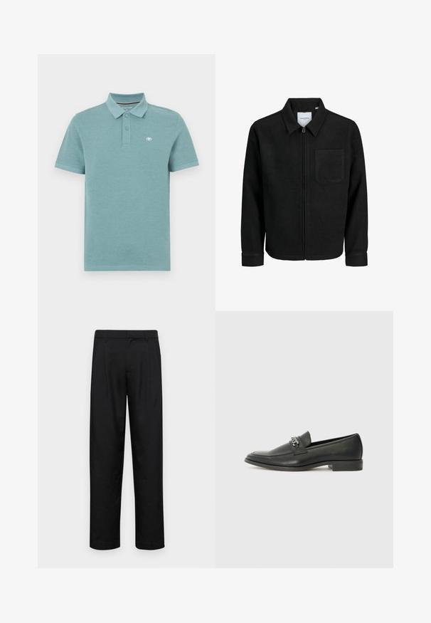 Sort lynlåsjakke med krave og en enkelt brystlomme, vist på hvid baggrund.; Polo-shirt i lys teal, korte ærmer, polo-krave med to knapper, har et lille logo på venstre bryst, glat bomuldsstof.; Sorte bukser lavet af glat stof, med et lige ben-design, to frontfolder og en standard talje med bæltestropper.; Sorte læder loafers med en glat finish, der har et syet design og et dekorativt metal kædeaccent hen over vamps. Flad hæl.