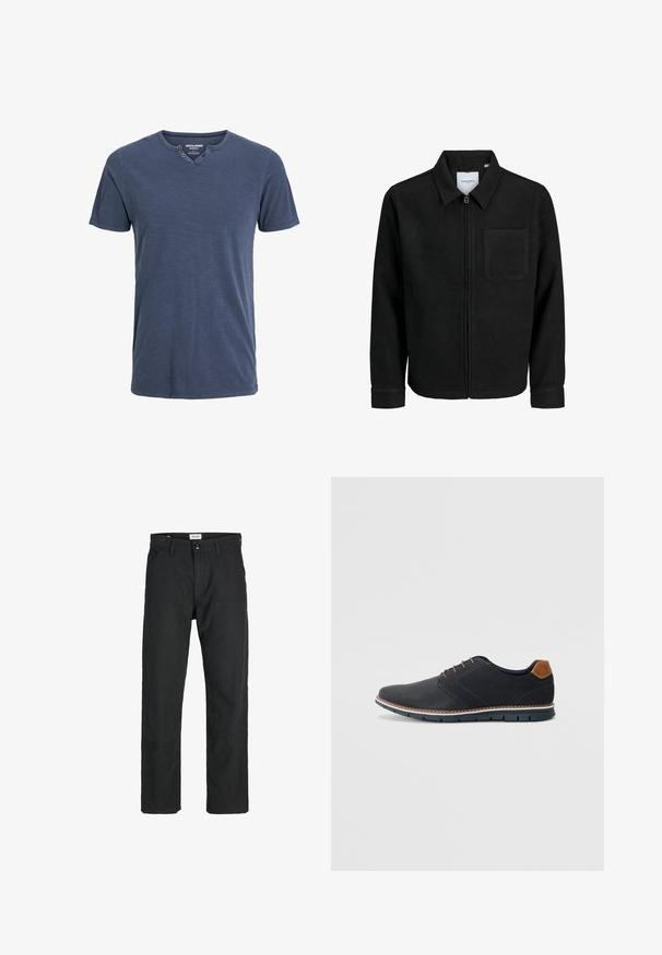 Giacca nera con zip, colletto e una tasca sul petto, mostrata su sfondo bianco.; T-shirt a maniche corte blu navy realizzato in un tessuto morbido, con scollatura a V e due bottoni decorativi su un lato, dal taglio rilassato.; Pantaloni neri realizzati in tessuto resistente, caratterizzati da un design a gamba dritta, dettagli cuciti e due tasche frontali per la funzionalità.; Scarpe sintetiche nere con tomaia testurizzata, dettagli lisci, tacco marrone e suola a contrasto. Presentano una lacerazione minimale e dettagli di cucitura.