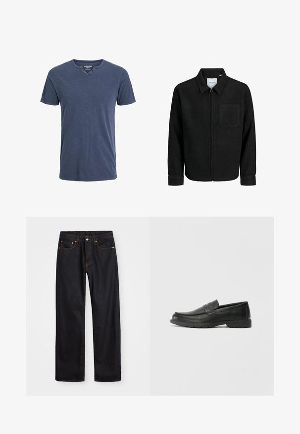 Black zip-up jacket with collar and single chest pocket, displayed on white background.; Navy blue short-sleeve t-shirt made of soft fabric, featuring a v-neck with two button accents on one side and a relaxed fit.; Men’s straight-leg black denim jeans with five pockets and orange stitching, button and zip closure on front waistband.; Black leather loafers with a smooth finish, moccasin-style upper, stitched detailing, and a rubber sole. Classic design with a low heel.