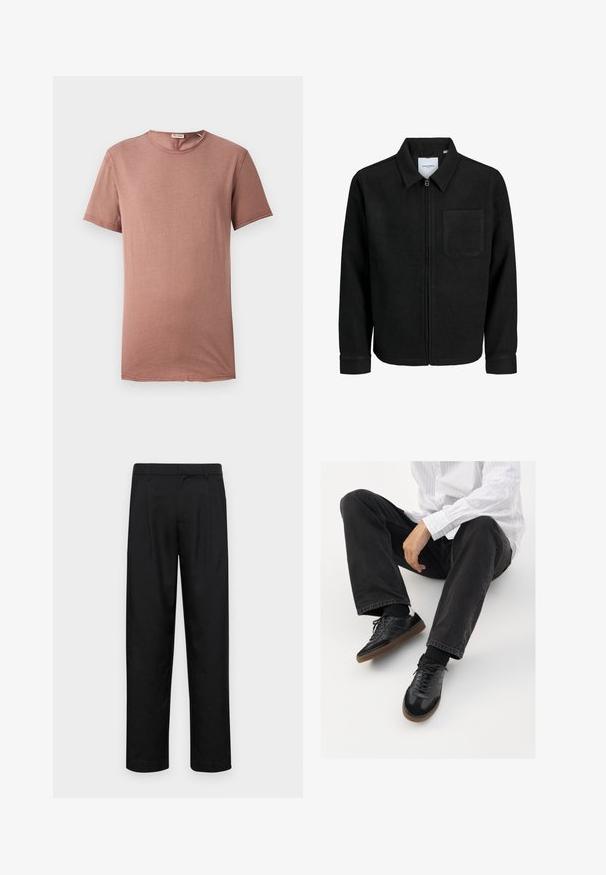 Zwarte zip-up jas met kraag en enkele borstzak, weergegeven op een witte achtergrond.; Korte mouwen, crew-neck t-shirt in grijzige roos. Zachte stof met minimale details en een rechte snit, geschikt voor casual kleding.; Zwarte broeken van gladde stof, met een recht model, twee voorknikken en een standaard tailleband met riemlussen.; Zwarte sneakers met een glad en textuur detail, voorzien van een rubberen zool en donkere veters. Gecombineerd met zwarte jeans en een wit gestreept shirt.