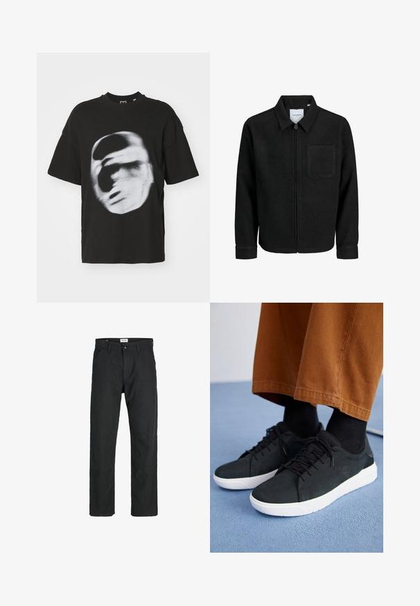 Čierna zipsová bunda s golierom a jednou náprsníkou, vystavená na bielom pozadí.; Čierne bavlnené tričko s rozmazanou bielou grafikou tváre. Krátke rukávy a dizajn s okrúhlym výstrihom.; Čierne nohavice vyrobené z odolného materiálu, s rovnými nohavicami, prešitými detailmi a dvoma prednými vreckami pre väčšiu funkčnosť.; Čierne zamatové tenisky s bielymi gumovými podrážkami, so šnurovacím dizajnom, textúrovanými akcentami a decentným brandingom, skombinované s hnedými nohavicami.