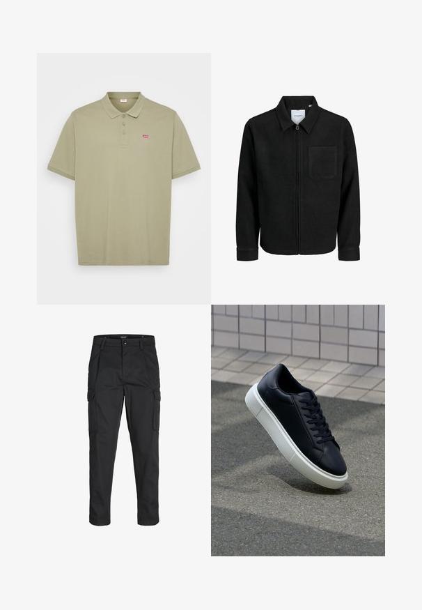 Čierna zipsová bunda s golierom a jednou náprsníkou, vystavená na bielom pozadí.; Polo tričko v olivovo zelenej bavlne s dvoma gombíkmi, krátkymi rukávmi a malým červeným logom Levi's na ľavej hrudi.; Čierne cargo nohavice z odolnej látky, s viacerými vreckami, gombíkovým zapínaním a úzkym strihom so zúženými nohavicami.; Čierne kožené tenisky s okrúhlou špičkou a bielou gumovou podrážkou. Majú ploché šnúrky a minimálne šitie na vrchu. Textúrovaná podrážka pre lepšiu priľnavosť.
