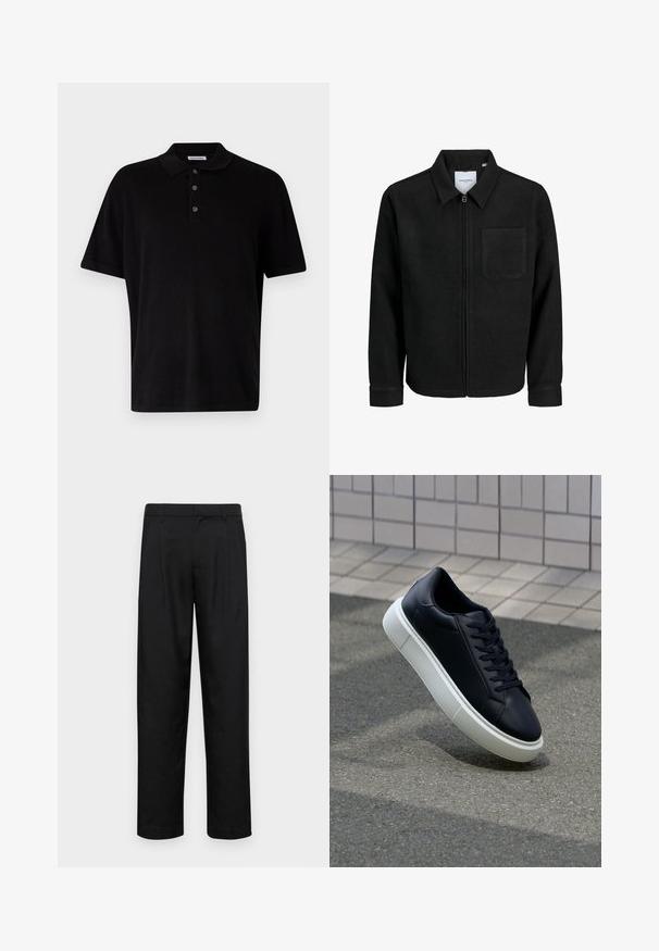 Sort lynlåsjakke med krave og en enkelt brystlomme, vist på hvid baggrund.; Sort polo skjorte lavet af blødt stof, med klassisk krave, tre-knaps lukning og korte ærmer, designet med en almindelig pasform.; Sorte bukser lavet af glat stof, med et lige ben-design, to frontfolder og en standard talje med bæltestropper.; Sort lædersneaker med rund tå og hvid gummisål. Har flade snørebånd og minimal syning på overdelen. Tekstureret sål for bedre greb.