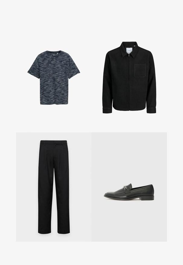 Mustaga lukuga jakker, millel on krae ja üks rinna-tasku, esitatud valgel taustal.; Lühikese varrukaga tume sinine T-särk, millel on tekstuuriga laineline muster heledamates toonides. Ümmargune kaelus ja mugav lõige. Pehme kangas.; Mustad mustadest riietest, millel on sirge jalgade disain, kaks eesmist voltimist ja tavaline vöökoht, millel on vöökohad.; Must haveate nahkking punased, millel on sile viimistlus, tikitud muster ja dekoratiivne metallkett vampi üle. Tasane konts.