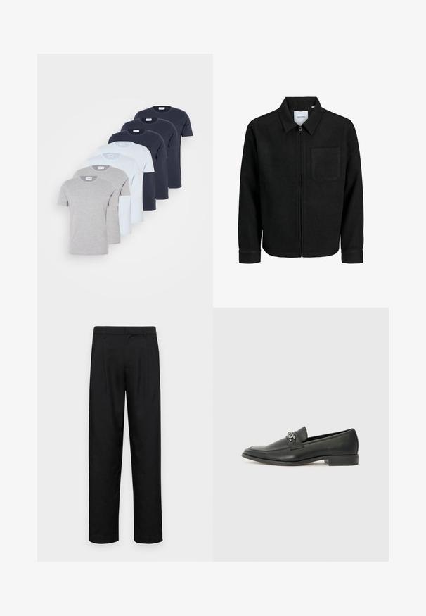 Črna jakna z zadrgo in ovratnikom ter enim žepom na prsih, prikazana na beli podlagi.; Šest kratkih rukava majica v sivi, svetlo modri in mornarsko modri barvi, izdelanih iz bombaža. Vsaka ima okroglo ovratnik in običajen kroj.; Črne hlače iz gladkega materiala, s krojem ravne noge, dvema sprednjima pregiboma in standardnim pasom z zankami za pas.; Črni usnjeni loafer z gladko površino, ki ima šivano zasnovo in dekorativni kovinski verižni naglas preko vampirja. Ravno peto.