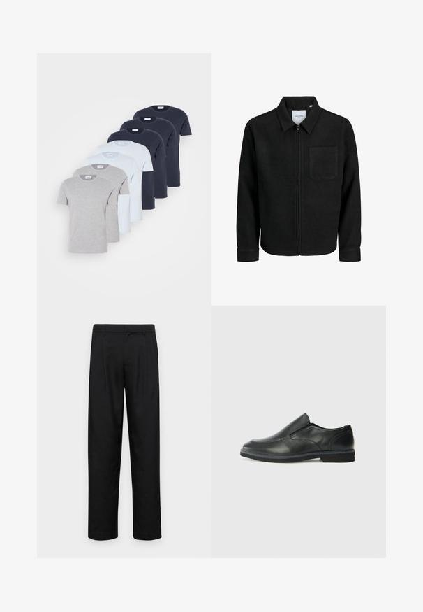 Musta vetoketjullinen takki, jossa on kaulus ja yksi rintatasku, esitelty valkoista taustaa vasten.; Kuusi lyhythihaista t-paitaa harmaana, vaaleansinisena ja tummansinisenä, valmistettu puuvillasta. Jokaisessa on pyöreä kaula-aukko ja tavallinen istuvuus.; Mustat housut, jotka on valmistettu sileästä kankaasta, suoran lahkeen muotoilulla, kahdella etupleekillä ja tavanomaisella vyötäröllä, jossa on vyölenkit.; Musta nahkainen liukujalkine, jossa on sileä pinta, ommeltuja yksityiskohtia, pyöristetty kärki ja matala kumipohja. Pohjassa on minimaalinen pito.