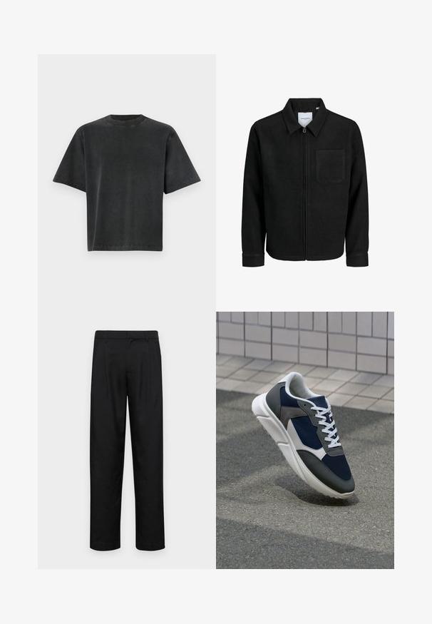 Juodas džemperis su užtrauktuku, apykakle ir vienu krūtiniu kišenėje, pristatytas baltame fone.; Juodas per didelis trumpas rankovės marškinėliai, pagaminti iš medvilnės. Suapvalintu kaklu ir siuvimo kraštu; lygus paviršius ir laisvas, atsipalaidavęs siluetas.; Juodi kelnių modeliai, pagaminti iš lygios medžiagos, turi tiesią kojas, du priekiniai klostės ir standartinę juosmenį su diržo kilpomis.; Sportiniai bateliai su tamsiai mėlynu tinkliniu viršumi, pilkais zomšiniais akcentais, balta guma padanga ir plokščiomis baltomis raištelėmis, sukurti komfortui ir oro pralaidumui.