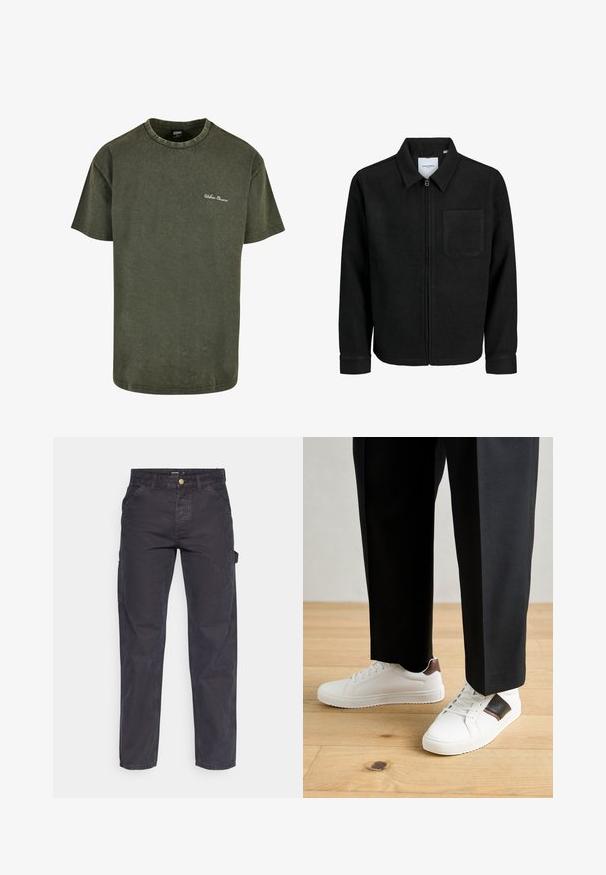 Čierna zipsová bunda s golierom a jednou náprsníkou, vystavená na bielom pozadí.; Olivovo zelené bavlnené tričko s krátkymi rukávmi, okrúhlym výstrihom a jemne opotrebovanou textúrou. Na hrudi sa nachádza biele vyšívanie "Urban Classics".; Tmavošedé cargo nohavice vyrobené z odolného materiálu, s rovnými nohavicami, piatimi vreckami a gombíkovým zapínaním v páse.; Biele tenisky s hladkým povrchom, s hnedými koženými akcentmi a čiernymi detailmi, spárované s čiernymi elegantnými nohavicami. Pozadím je drevená podlaha.