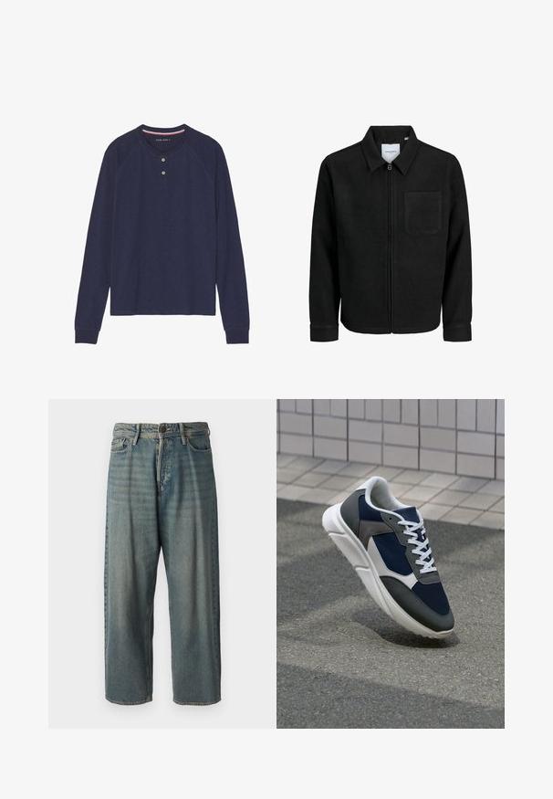 Musta vetoketjullinen takki, jossa on kaulus ja yksi rintatasku, esitelty valkoista taustaa vasten.; T-paita sinimustassa värissä, pitkät hihat, pyöreä pääntie, kahden napin läpivienti ja ribbireunukset. Pehmeä, teksturoitu kangas, raglan-hihat.; Vaaleansiniset farkut, joissa on väljä istuvuus, keskikorkea vyötärö ja suorat lahkeet. Ominaisuuksiin kuuluvat viisi taskua, vyölenkit ja nappisulku.; Kengät, joissa on tummansininen verkkopäällinen, harmaat mokka-yksityiskohdat, valkoinen kumipohja ja litteät valkoiset nauhat, suunniteltu mukavuutta ja hengittävyyttä varten.