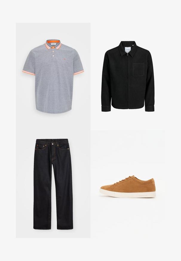 Sort lynlåsjakke med krave og en enkelt brystlomme, vist på hvid baggrund.; Grå polo skjorte lavet af bomuld med en struktureret overflade, med orange detaljer på kraven og ærmerne. Tre knaplukning.; Mænds lige ben sorte denim jeans med fem lommer og orange syninger, knap- og lynlåslukning foran på taljen.; Brune ruskind sneakers med et lavt design, hvid gummisål og rund tå. Har matchende snørebånd og minimal branding på hælen.