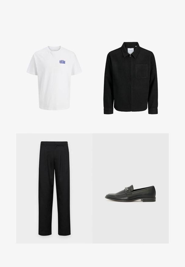 Jachetă neagră cu fermoar, cu guler și un singur buzunar pe piept, expusă pe fundal alb.; Tricou alb cu mânecă scurtă, având un mic logo al textului "Handyman" de culoare albastră pe partea stângă a pieptului.; Pantaloni negri dintr-un material neted, cu un design drept, două pliuri frontale și un tiv standard cu bucle pentru curea.; Pantofii negri din piele cu un finisaj neted, având un design cusut și un accent decorativ de lanț metalic peste partea de sus. Toc plat.