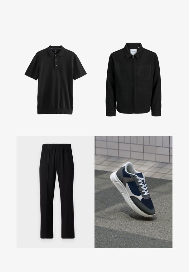 Giacca nera con zip, colletto e una tasca sul petto, mostrata su sfondo bianco.; Polo shirt nero a maniche corte realizzato in un tessuto liscio. Caratterizzato da un colletto con tre bottoni e orlo dritto. Design minimalista.; Pantaloni neri con vita elasticizzata e design a gamba dritta, caratterizzati da una texture liscia e senza motivi o hardware visibili.; Sneaker con tomaia in rete blu navy, inserti in suede grigio, suola in gomma bianca e lacci bianchi piatti, progettata per comfort e traspirabilità.