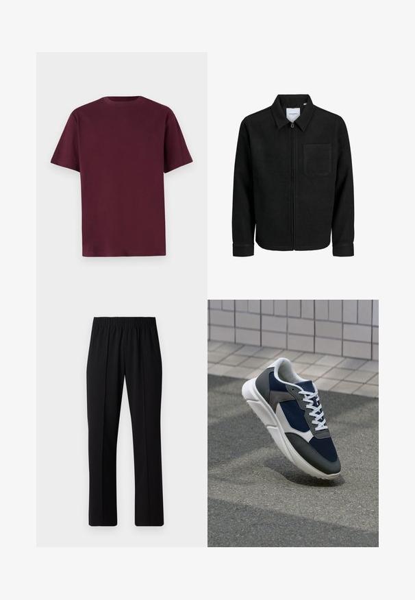 Chaqueta negra con cremallera y cuello, con un solo bolsillo en el pecho, expuesta sobre un fondo blanco.; Camiseta de algodón burdeos de manga corta, con cuello redondo y una textura suave. Diseño sencillo sin patrones ni detalles adicionales.; Pantalones negros con cintura elástica y diseño de pierna recta, con una textura suave y sin patrones o herrajes visibles.; Zapatillas con una parte superior de malla azul marino, detalles en gamuza gris, suela de goma blanca y cordones blancos planos, diseñadas para la comodidad y transpirabilidad.