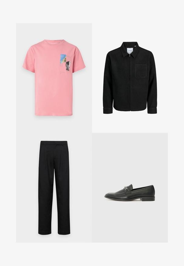 Melna jaka ar rāvējslēdzēju un apkakli, vienu krūšu kabatu, parādīta uz baltas fona.; Rozā kokvilnas t-krekls ar īsām piedurknēm. Priekšpusē ir izdrukāts grafisks attēls zilā, zaļā un melnā krāsā, kas ietver tekstu un ģeometriskas formas.; Melnas bikses, izgatavotas no gludas auduma, ar taisnu kāju dizainu, divām priekšējām krokām un standarta jostu, kurai ir āķi.; Melna ādas loafer izmēra apavi ar gludu virsmu, piedāvā ar šūtu dizainu un dekoratīvu metāla ķēdes akcentu pār vampu. Plakana papēža daļa.