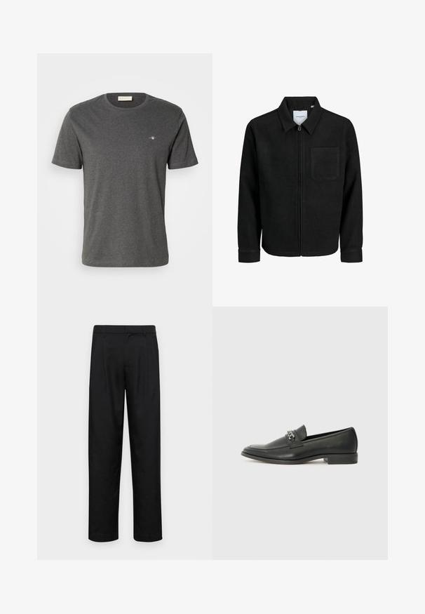 Črna jakna z zadrgo in ovratnikom ter enim žepom na prsih, prikazana na beli podlagi.; GANT PRINTED ARCHIVE SHIELD - Navadna majica - antracit melange; Črne hlače iz gladkega materiala, s krojem ravne noge, dvema sprednjima pregiboma in standardnim pasom z zankami za pas.; Črni usnjeni loafer z gladko površino, ki ima šivano zasnovo in dekorativni kovinski verižni naglas preko vampirja. Ravno peto.