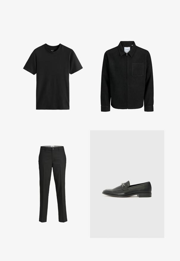 Mustaga lukuga jakker, millel on krae ja üks rinna-tasku, esitatud valgel taustal.; Must have muströiga lühikeste varrukatega ümardatud kaelusega T-särk, mis on valmistatud puuvillast. Sile tekstuur ja sirge lõige, lihtne disain ilma nähtavate mustrite või aktsentideta.; Mustad püksid, kohandatud lõige, sile kangas, keskmise kõrgusega vöökoht, ees nupuga sulgemine, diagonaalsed taskud ja voldid jalgade all.; Must haveate nahkking punased, millel on sile viimistlus, tikitud muster ja dekoratiivne metallkett vampi üle. Tasane konts.