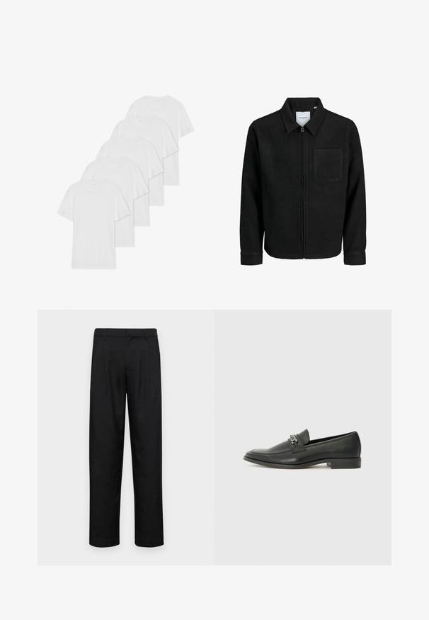 Schwarze Zip-Jacke mit Kragen und einer einzelnen Brusttasche, auf weißem Hintergrund präsentiert.; Sechs weiße Baumwoll-T-Shirts mit kurzen Ärmeln und Rundhalsausschnitten, die in einer Reihe angeordnet sind. Sie haben eine glatte Textur und keine sichtbaren Muster.; Schwarze Hose aus glattem Stoff, mit geradem Bein Design, zwei vorderen Falten und einem Standardbund mit Gürtelschlaufen.; Schwarzer Lederloafer mit glatter Oberfläche, ausgestattet mit einer gesteppten Gestaltung und einem dekorativen Metallkettendetail über dem Vorderblatt. Flacher Absatz.