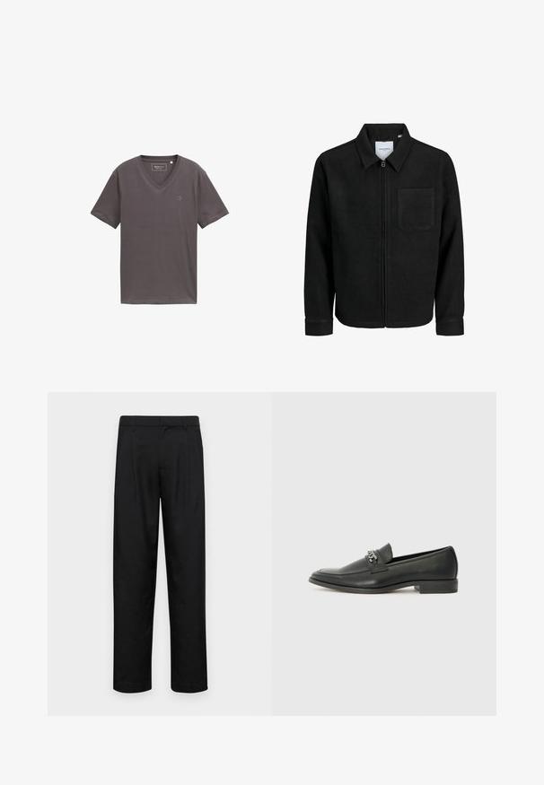 Crna jakna na zip s ovratnikom i jednim džepom na prsima, prikazana na bijeloj pozadini.; Siva majica s V-izrezom napravljena od mekanog materijala, kratkih rukava i suptilnim logotipom s lijeve strane. Glatka tekstura s opuštenim krojem.; Crne hlače od glatkog materijala, s dizajnom ravnih nogavica, dva prednja nabora i standardnim pojasom s petljama za remen.; Crna kožna loafer cipela s glatkom finišem, s ušivenim uzorkom i dekorativnim metalnim lancem preko prednjeg dijela. Ravni potplat.