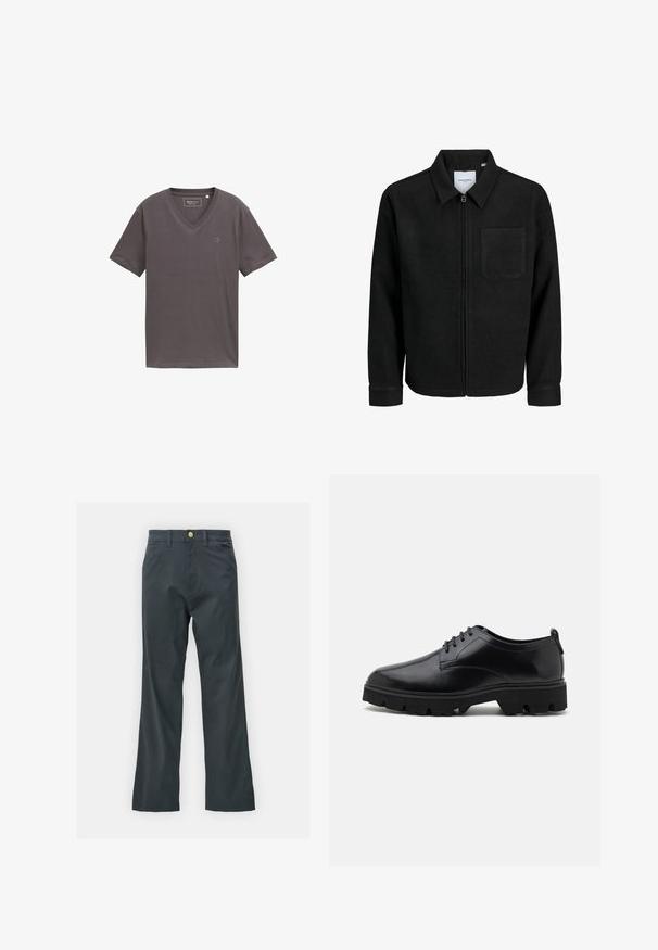 Fekete, zipzáros dzseki gallérral és egyetlen mellzsebbel, fehér háttéren.; Szürke v-nyakú póló, puha anyagból, rövid ujjakkal, és egy diszkrét logóval a bal oldalon. Sima textúrájú, laza szabású darab.; Fekete nadrág egyenes szárú fazonban, pamut keverék anyagból készült. Fém gombos záródással és oldalsó zsebekkel rendelkezik. Nincs látható mintázat.; Fekete bőrcipők sima felülettel, fűzős kialakítással, vastag, strapabíró gumitalppal, mély barázdákkal a tapadásért.