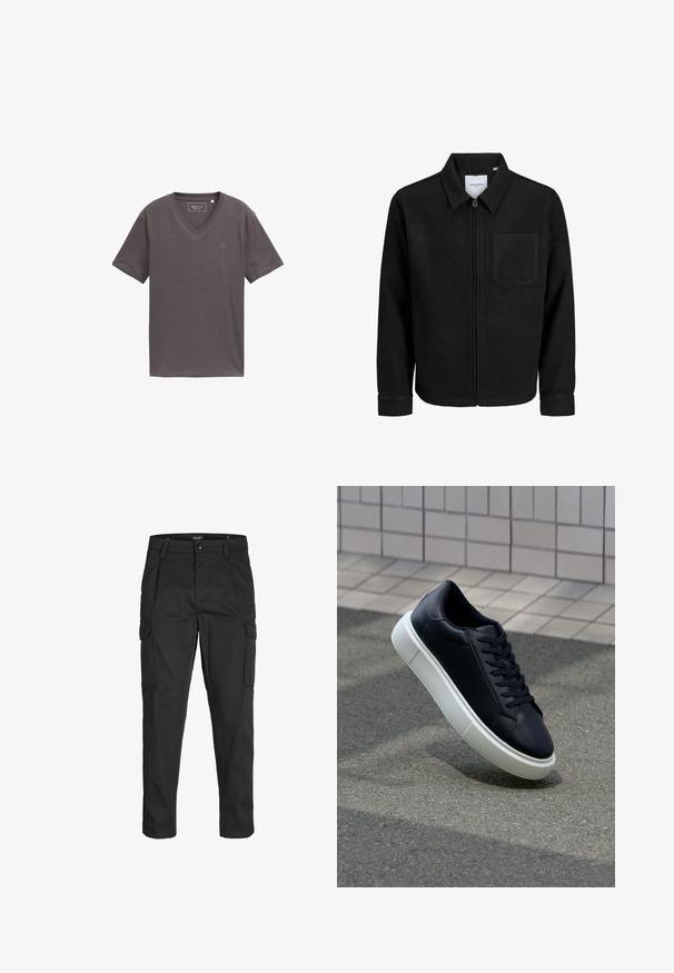 Schwarze Zip-Jacke mit Kragen und einer einzelnen Brusttasche, auf weißem Hintergrund präsentiert.; Graues V-Ausschnitt-T-Shirt aus weichem Stoff, mit kurzen Ärmeln und einem dezenten Logo auf der linken Seite. Glatte Textur mit lockerer Passform.; Schwarze Cargo-Hose aus robustem Material, mit mehreren Taschen, einem Knopfverschluss und einem Slim-Fit-Design mit schmal zulaufenden Beinen.; Schwarze Leder-Sneaker mit runder Zehenpartie und weißer Gummisohle. Verfügt über flache Schnürsenkel und minimale Nähte im Obermaterial. Strukturiertes Sohlenprofil für besseren Halt.