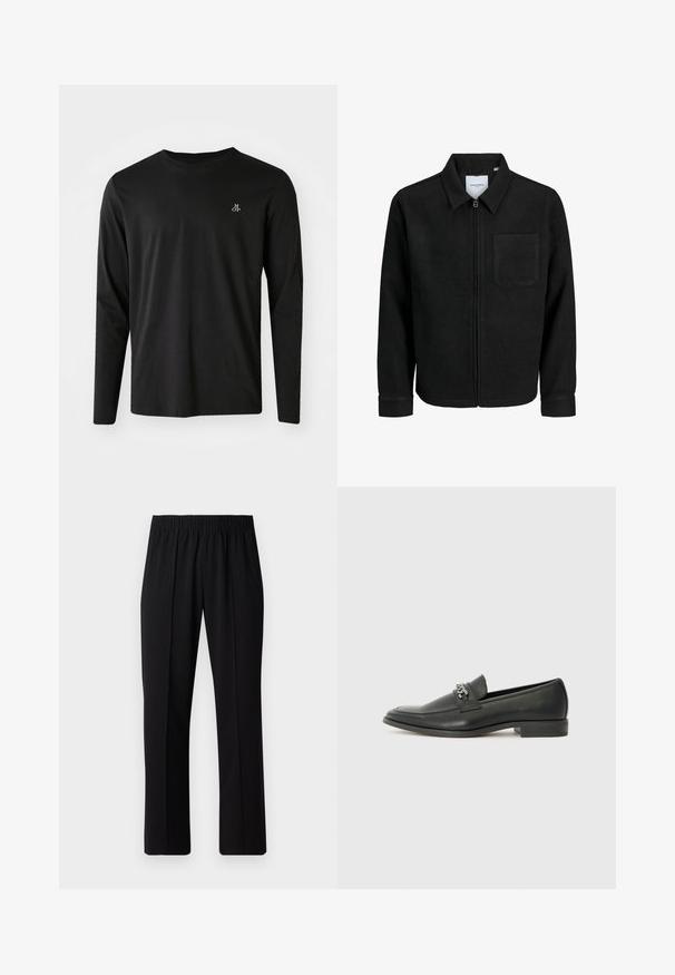Musta vetoketjullinen takki, jossa on kaulus ja yksi rintatasku, esitelty valkoista taustaa vasten.; Mustan pitkähihainen T-paita, joka on valmistettu puuvillasta. Siinä on pyöreä kaula-aukko ja pieni valkoinen logo vasemmassa rinnassa. Yksinkertainen muotoilu.; Mustat, joustavat vyötäröhousut suoralla lahkeella, joissa on sileä pinta ilman näkyviä kuvioita tai metalliosia.; Musta nahkakengät, joissa on sileä pinta, koristeelliset ompeleet ja metalliketjun yksityiskohta kengän päällä. Littee korko.