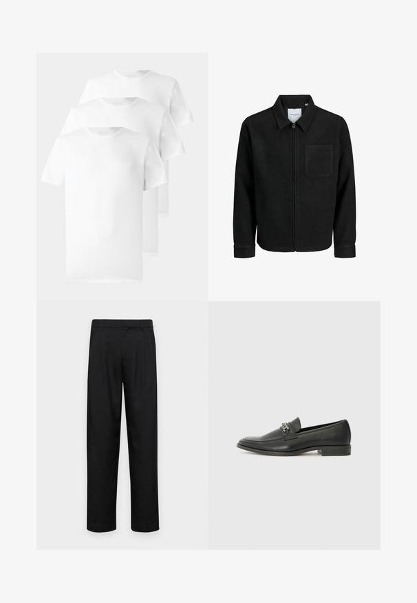 Black zip-up jacket with collar and single chest pocket, displayed on white background.; Three white t-shirts made of cotton, featuring a crew neck, short sleeves, and a smooth, plain texture with no visible patterns or accents.; Black trousers made of smooth fabric, featuring a straight-leg design, two front pleats, and standard waistband with belt loops.; Black leather loafer with a smooth finish, featuring a stitched design and a decorative metal chain accent across the vamp. Flat heel.