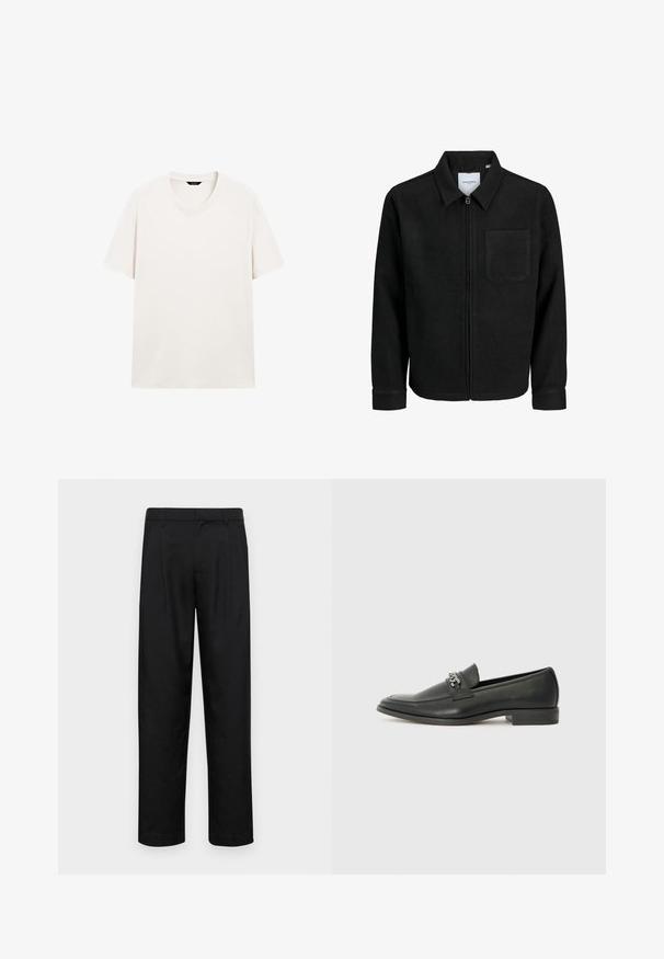 Giacca nera con zip, colletto e una tasca sul petto, mostrata su sfondo bianco.; T-shirt bianco a maniche corte, con collo rotondo, posizionato piatto con etichetta del collo visibile su sfondo bianco.; Pantaloni neri realizzati in tessuto liscio, caratterizzati da un taglio dritto, due pieghe frontali e una vita standard con passanti per la cintura.; Mocassino in pelle nera con finitura liscia, caratterizzato da un design cucito e da un accento decorativo in catena metallica sul vamp. Tacco piatto.