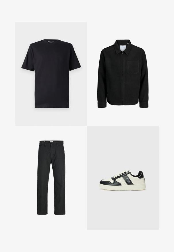 Zwarte zip-up jas met kraag en enkele borstzak, weergegeven op een witte achtergrond.; Zwart kortemouwen T-shirt van katoen, met een ronde halslijn en een klassieke snit, zonder patronen of zichtbare merkvoering.; Zwarte broeken gemaakt van duurzame stof, met een recht gesneden ontwerp, gestikte accenten en twee voorzakken voor functionaliteit.; Leren sneakers met een zwart en crèmekleurig kleurenschema, voorzien van geperforeerde accenten, een gevoerde kraag en een gestructureerde buitenzool.