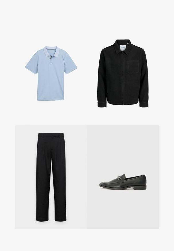 Svart zip-jacka med krage och en enda bröstficka, visad på vit bakgrund.; Ljusblå polo med en tvåfärgad krage, treknappssluting och korta ärmar. Tillverkad av ett mjukt, luftigt tyg.; Svarta byxor i slät väv, med rak ben-design, två framfickor och standardmidja med bälteshällor.; Svart läderloafers med en slät yta, med en sydd design och en dekorativ metallkedjeaccent över västen. Platt häldesign.