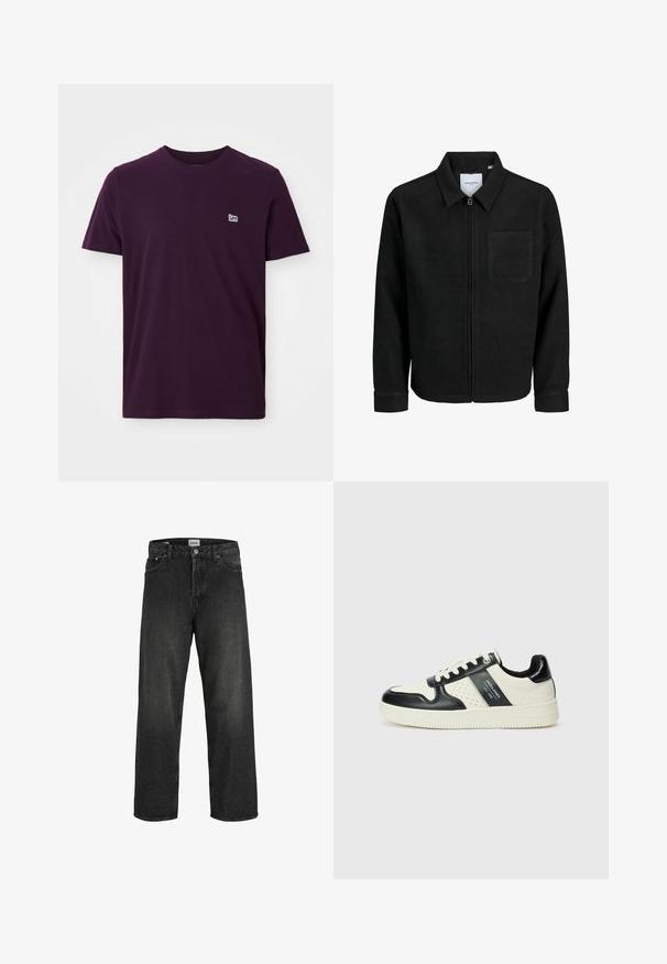 Giacca nera con zip, colletto e una tasca sul petto, mostrata su sfondo bianco.; T-shirt di cotone viola scuro con maniche corte, scollo a giro, e piccolo logo bianco sul lato sinistro del petto. Texture morbida e liscia.; Jeans in denim grigio scuro con vestibilità ampia, gambe dritte, cinque tasche e chiusura con bottone in vita. Cuciture visibili che accentuano il design.; Sneakers in pelle con una combinazione di colori nero e crema, dotati di dettagli perforati, collare imbottito e suola testurizzata.