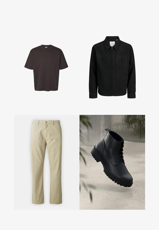 Fekete, zipzáros dzseki gallérral és egyetlen mellzsebbel, fehér háttéren.; Selected Homme SLHLOOSEOSCAR O NECK TEE - Basic póló - chocolate torte; Beige színű, egyenes lábú pamut nadrág, elöl gombos záródással és övhurkokkal. Simaság jellemzi, látható minták vagy díszítések nélkül.; Fekete bőr bokacsizmák lekerekített orral, fűzős dizájnnal és strapabíró gumitalppal. Simább textúrájú, hátul húzófüllel ellátva.