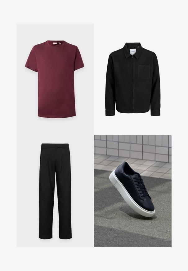 Schwarze Zip-Jacke mit Kragen und einer einzelnen Brusttasche, auf weißem Hintergrund präsentiert.; Burgunderfarbenes Rundhals-T-Shirt aus weicher Baumwolle, mit kurzen Ärmeln und klassischer Passform. Es hat einen geraden Saum und keine Muster oder Hardware-Details.; Schwarze Hose aus glattem Stoff, mit geradem Bein Design, zwei vorderen Falten und einem Standardbund mit Gürtelschlaufen.; Schwarze Leder-Sneaker mit runder Zehenpartie und weißer Gummisohle. Verfügt über flache Schnürsenkel und minimale Nähte im Obermaterial. Strukturiertes Sohlenprofil für besseren Halt.