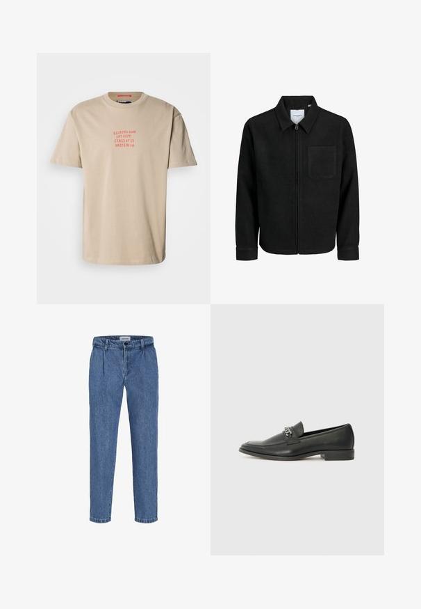 Juodas džemperis su užtrauktuku, apykakle ir vienu krūtiniu kišenėje, pristatytas baltame fone.; Bežinė medvilninė marškinė su apvaliu kaklu, trumpomis rankovėmis ir raudonu spaudiniu: "SCOTCH & SODA ART DEPT. CLASS OF '85 AMSTERDAM."; Šviesiai mėlyni džinsiniai kelnės su laisvu siluetu, turinčios aukštą juosmenį, dvi priekinės raukšles ir užlenktą apatinę dalį. Paprastas mygtuko ir užtrauktuko uždarymas.; Juodos odinės loafer tipo bateliai su lygiu paviršiumi, turintys siuvinėtą dizainą ir dekoratyvų metalo grandinėlės akcentą ant batų viršaus. Plokščias kulnas.