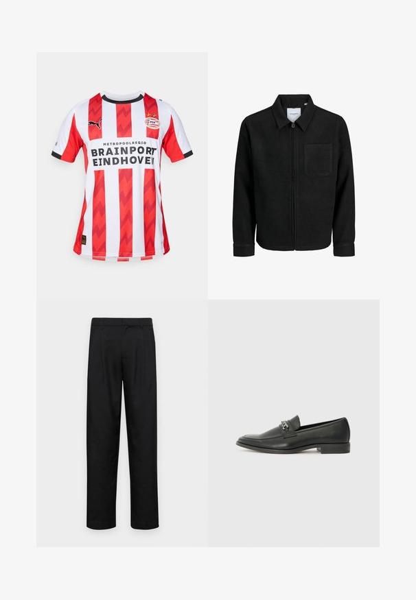 Musta vetoketjullinen takki, jossa on kaulus ja yksi rintatasku, esitelty valkoista taustaa vasten.; Punainen ja valkoinen pystypaitainen jalkapallopaita, jossa on sahalaitakuviot, sisältäen Puma-logon, PSV Eindhoveniin tunnuksen sekä musta reunus kauluksessa.; Mustat housut, jotka on valmistettu sileästä kankaasta, suoran lahkeen muotoilulla, kahdella etupleekillä ja tavanomaisella vyötäröllä, jossa on vyölenkit.; Musta nahkakengät, joissa on sileä pinta, koristeelliset ompeleet ja metalliketjun yksityiskohta kengän päällä. Littee korko.