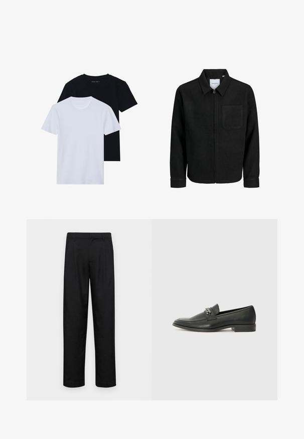 Čierna zipsová bunda s golierom a jednou náprsníkou, vystavená na bielom pozadí.; Dve krátke rukávy tričká s okrúhlym výstrihom, jedno čierne a jedno biele, vyrobené z jemnej bavlny s rebrovanou textúrou. Klasický strih.; Čierne nohavice vyrobené z hladkej tkaniny, s rovnými nohavicami, dvoma prednými skladmi a štandardným pásom s pútkami na opasok.; Čierne kožené loafers s hladkým povrchom, s prešitým dizajnom a dekoratívnym kovovým reťazovým akcentom cez priehlavok. Plochý podpätok.