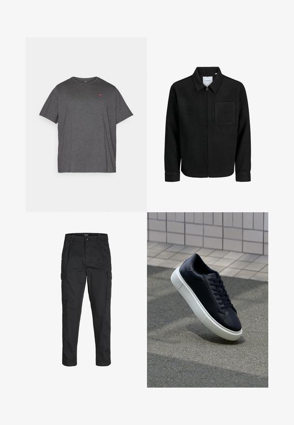 Črna jakna z zadrgo in ovratnikom ter enim žepom na prsih, prikazana na beli podlagi.; Levi's® Plus BIG ORIGINAL TEE - Navadna majica - dark charcoal heather; Črne cargo hlače iz trdnega blaga, ki imajo več žepov, gumbasto zapiranje in ozek kroj z zožanimi nogami.; Črne usnjene superge z zaobljenim prstom in belim gumijastim podplat. Imajo ravne vezalke in minimalno šivanje na zgornjem delu. Teksturirani podplat za oprijem.