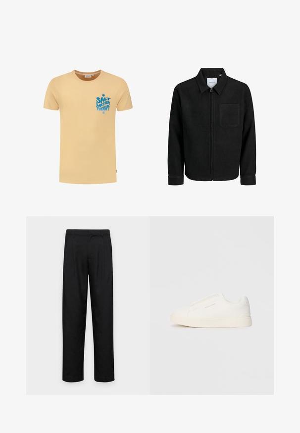 Musta vetoketjullinen takki, jossa on kaulus ja yksi rintatasku, esitelty valkoista taustaa vasten.; T-paita lyhyillä hihoilla, pyöreällä kauluksella vaaleankeltaista puuvillaa. Tässä on sininen teksti "SALT WATER THERAPY" ja sen yläpuolella pieni tähti.; Mustat housut, jotka on valmistettu sileästä kankaasta, suoran lahkeen muotoilulla, kahdella etupleekillä ja tavanomaisella vyötäröllä, jossa on vyölenkit.; Valkoiset liukusukat, joissa on teksturoitu pinta, paksu pohja ja minimalistikot. Sivulla on brändin logo.