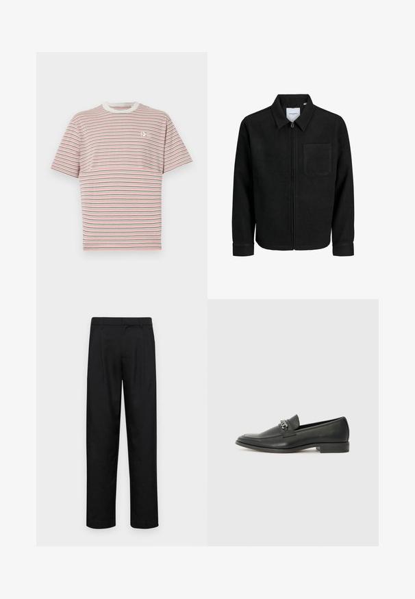 Chaqueta negra con cremallera y cuello, con un solo bolsillo en el pecho, expuesta sobre un fondo blanco.; Camiseta a rayas con líneas horizontales en rosa, azul marino y blanco. Cuello redondo acanalado y un pequeño logo en el pecho. Material de algodón.; Pantalones negros de tela suave, con un diseño de pierna recta, dos pliegues frontales y una cintura estándar con trabillas para el cinturón.; Mocasín de cuero negro con un acabado suave, que cuenta con un diseño de costura y un acento decorativo de cadena de metal en el empeine. Tacón plano.