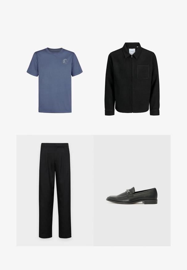 Chaqueta negra con cremallera y cuello, con un solo bolsillo en el pecho, expuesta sobre un fondo blanco.; Camiseta de algodón azul con mangas cortas y escote redondo, con un logo circular en la parte superior izquierda del pecho. Textura suave.; Pantalones negros de tela suave, con un diseño de pierna recta, dos pliegues frontales y una cintura estándar con trabillas para el cinturón.; Mocasín de cuero negro con un acabado suave, que cuenta con un diseño de costura y un acento decorativo de cadena de metal en el empeine. Tacón plano.