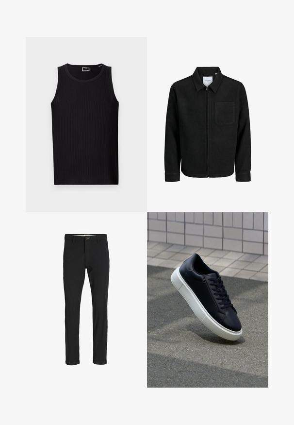 Mustaga lukuga jakker, millel on krae ja üks rinna-tasku, esitatud valgel taustal.; Must mustriba top ringikuga, ilma varrukateta disainiga ja pehme, tekstuurse kangaga. Omab sirget äärt ja minimaalset brändingut.; Mustast puuvillasegustest pükstest õhukese lõikega, milles on nööbikinnitus, taskud ja keeratud sääred, et saavutada lõdva lõppviimistluse.; Mustast nahast tennisetoss, millel on ümar nina ja valge kummist tall. Omab siredaid paelu ja minimaalset õmblemist ülemises osas. Tekstuuriga tald, mis tagab haakuvuse.