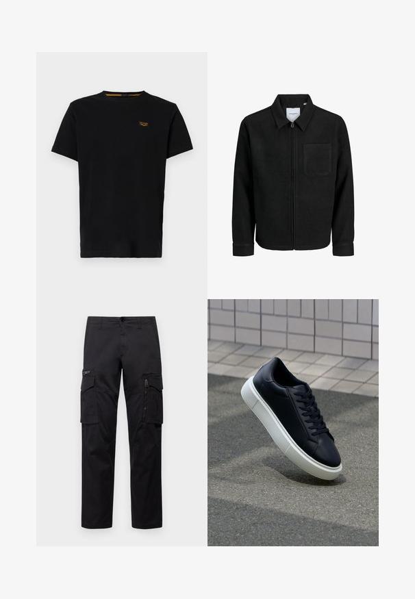 Czarna kurtka z zamkiem na całej długości, z kołnierzem i jedną kieszenią na piersi, umieszczona na białym tle.; Czarna bawełniana koszulka z krótkim rękawem, okrągłym dekoltem i małą naszywką z logo w kontrastującym żółtym kolorze na lewej piersi.; Czarne spodnie cargo z wieloma kieszeniami, zamykaną kieszenią na udzie, prostym krojem oraz wytrzymałym bawełnianym materiałem z delikatnym połyskiem.; Czarne skórzane sneakersy z okrągłym noskiem i białą gumową podeszwą. Posiadają płaskie sznurowadła i minimalne przeszycia na cholewce. Teksturowana podeszwa zapewnia przyczepność.